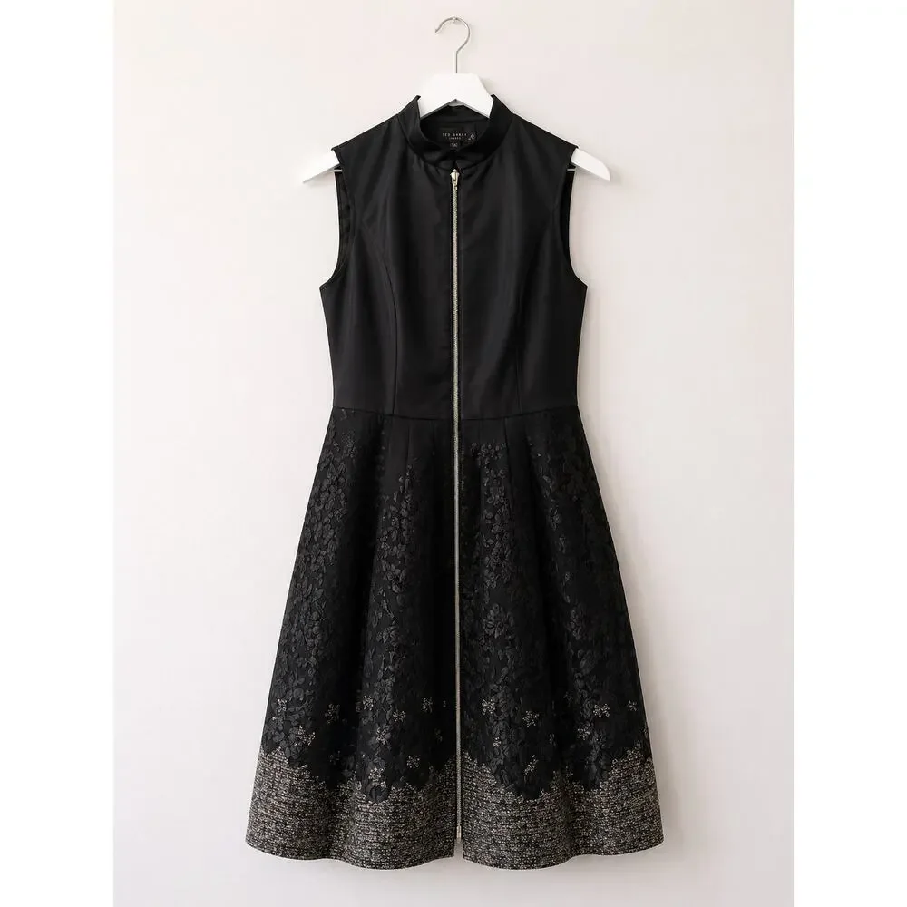 Ted Baker Black Gold Jacquard Zip Front Fit & Flare Dress size 2 - Picture 8 of 8